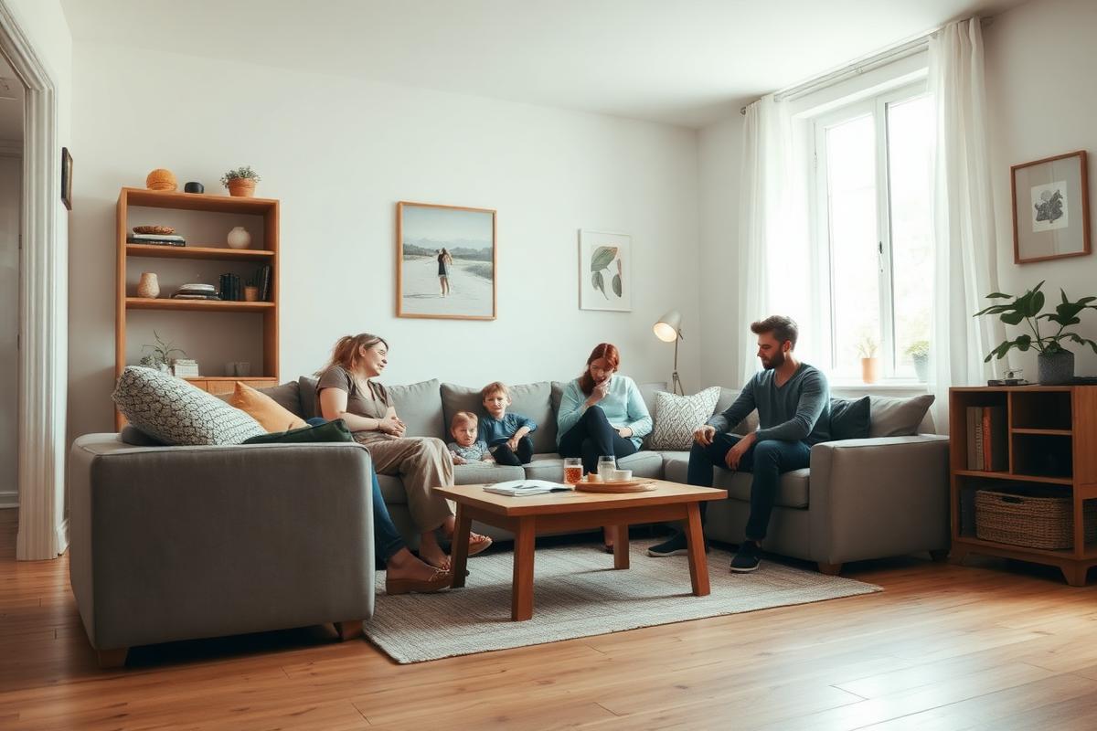 Gezin dat comfortabel samen zit in een lichte, warme woonkamer